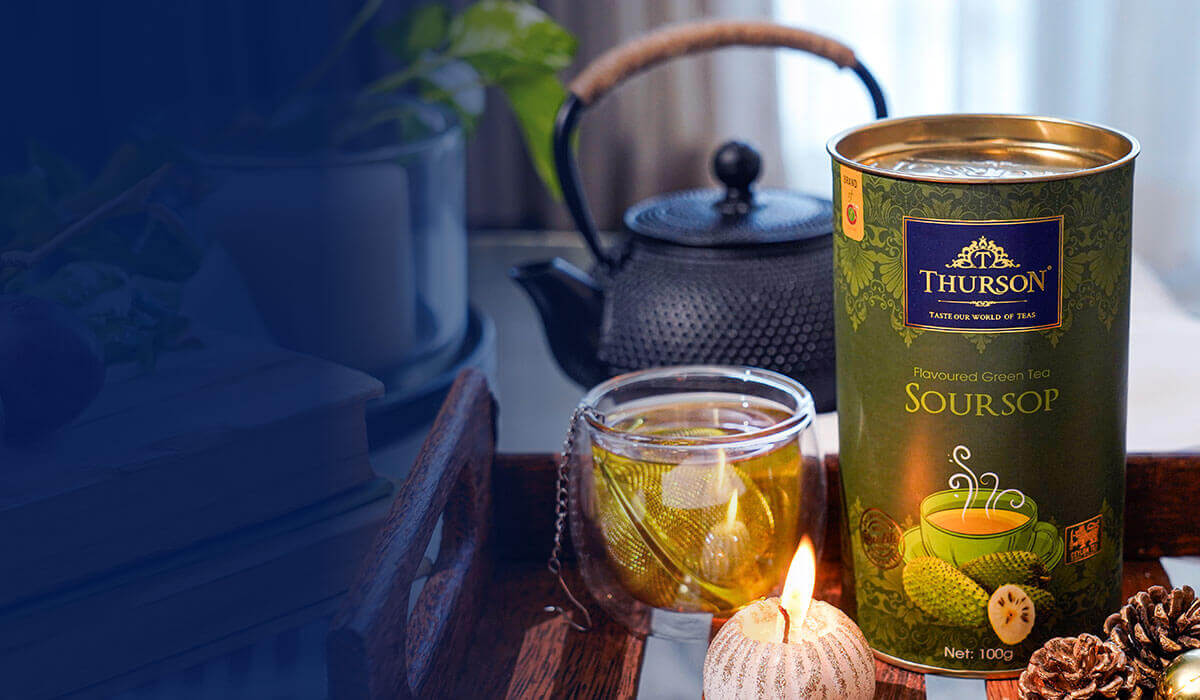 Green Tea Soursop packaging with Ceylon green tea and soursop fruit.