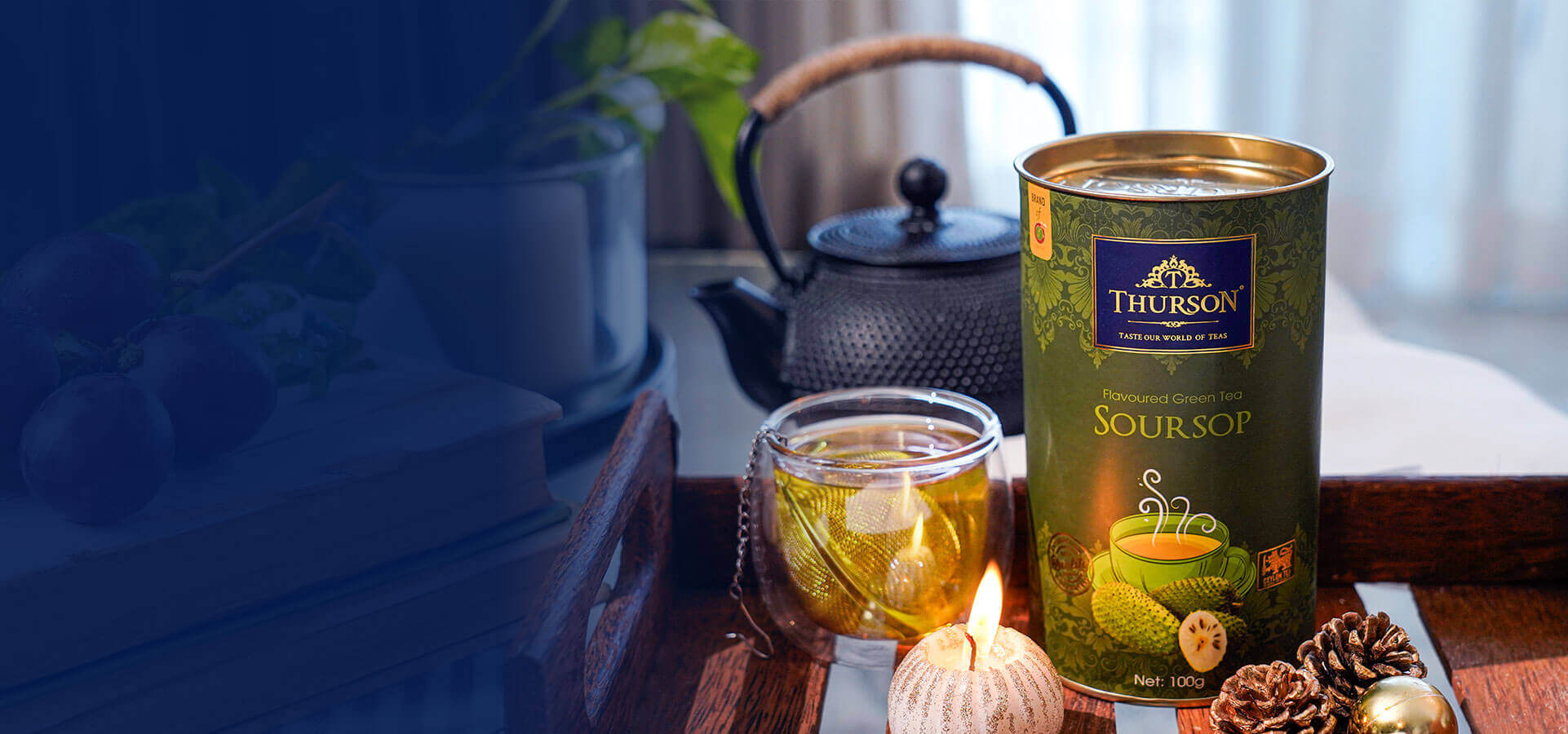 Green Tea Soursop packaging with Ceylon green tea and soursop fruit.