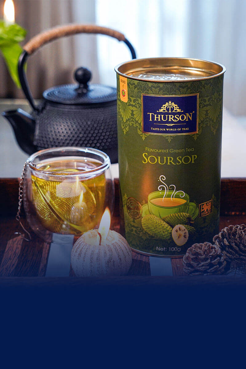 Green Tea Soursop packaging with Ceylon green tea and soursop fruit.